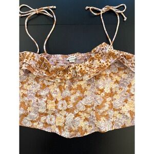 American Eagle Festival Crop Top Womens XXL‎ Brown Floral Eyelet Shoulder Tie